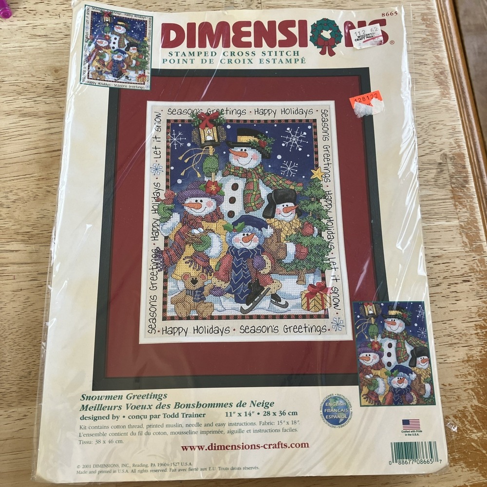 DIMENSIONS 8665 Stamped Cross Stitch Kit SNOWMEN GREETINGS 2001 Christmas NEW